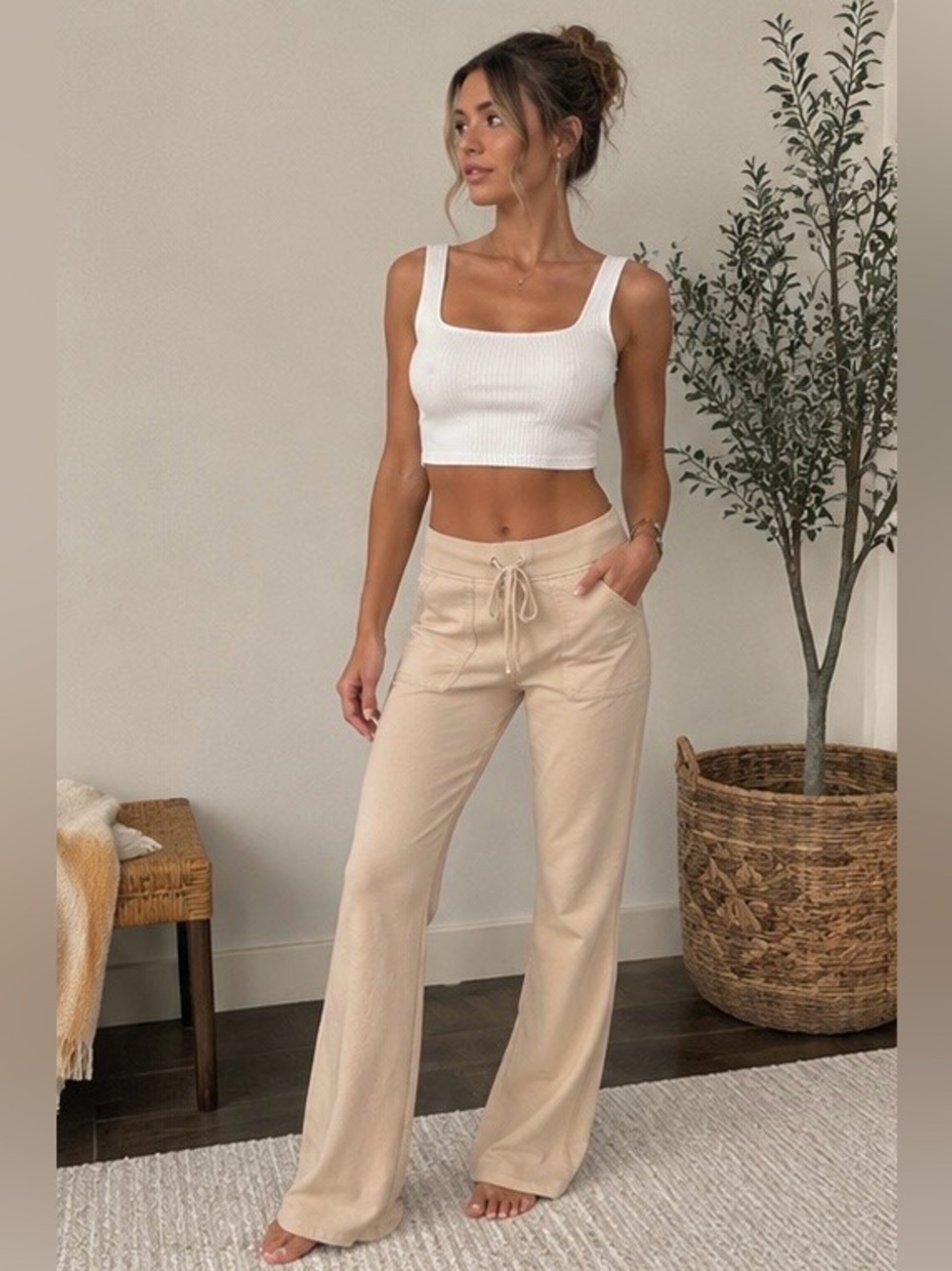 Twisted Heart 100% Cotton Flare Bottom Lounge Pants Small Cream Beige Y2K Casual